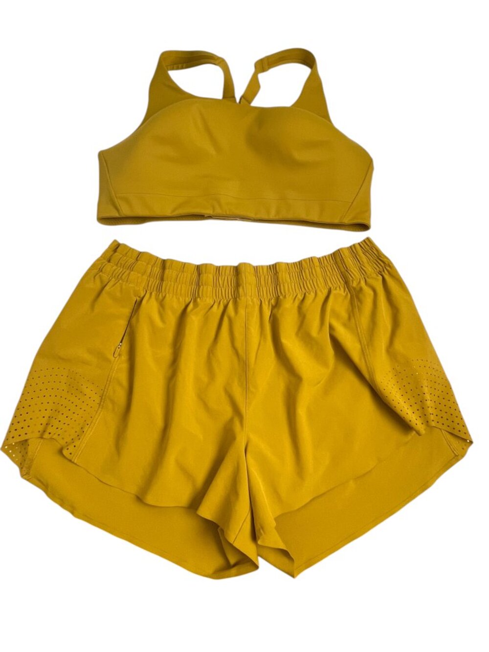Athleta Yellow Workout Set Exhale Bra + Hustle Lined Shorts L 38C